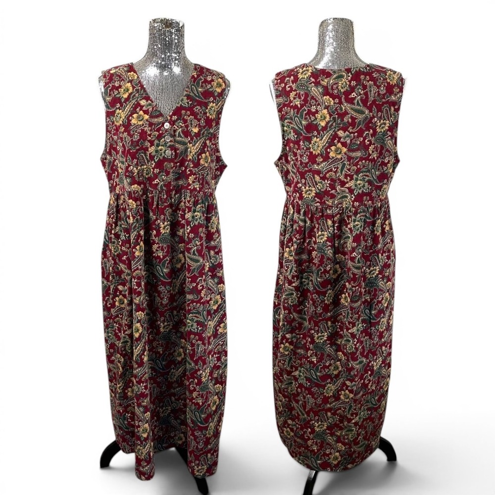 Vintage Erika & Co Corduroy Floral Paisley Button Front Jumper Maxi Dress L